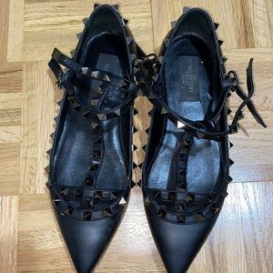 Valentino Garavani Black Ballerina shoes size 37. One missing stud on left shoe